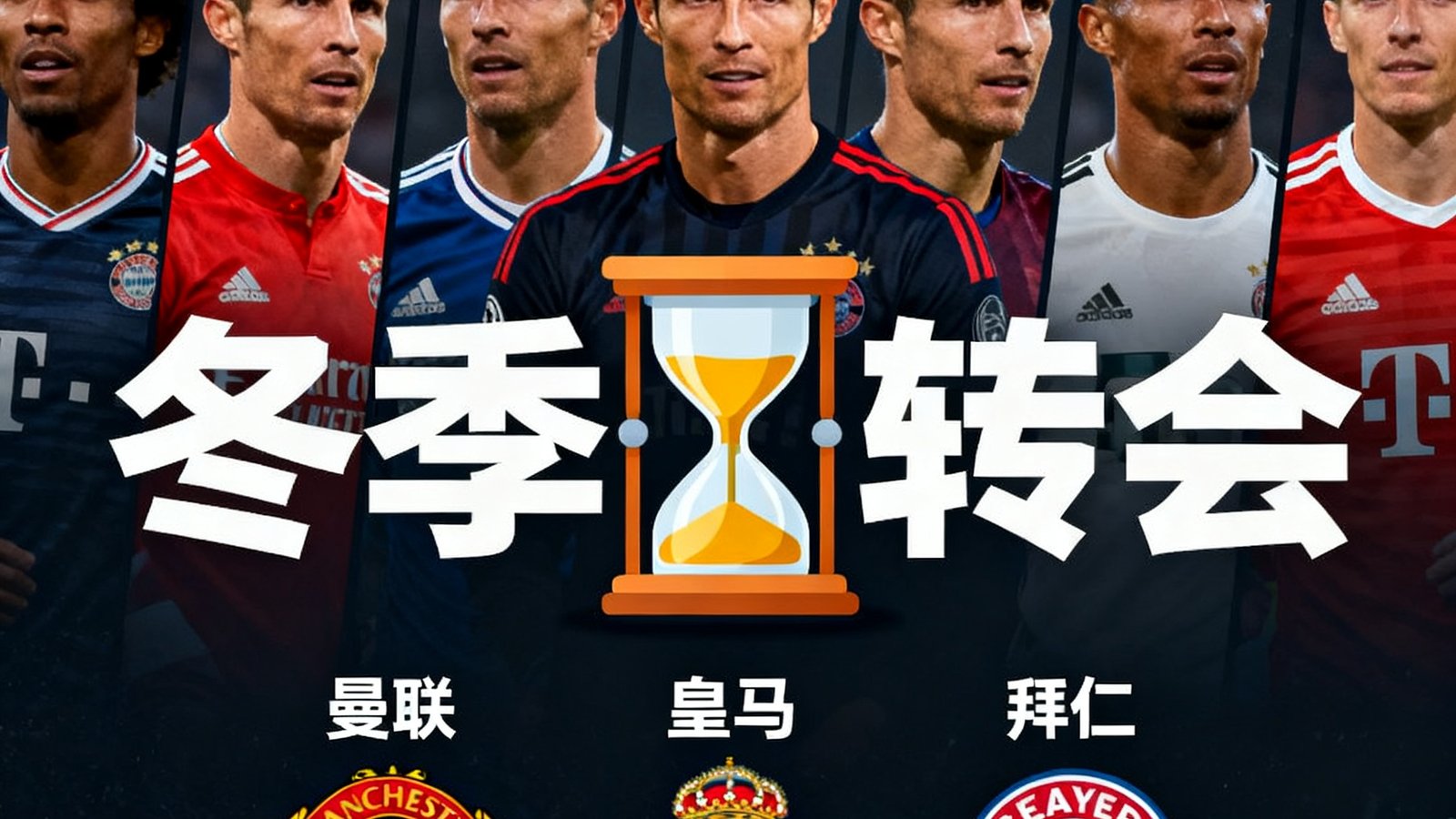 冬季转会窗口新闻配图，多张球员头像拼接在深色背景上，中间是沙漏图标象征转会倒计时，画面下方标注了三个俱乐部的队徽，整体呈现新闻快讯的视觉风格。